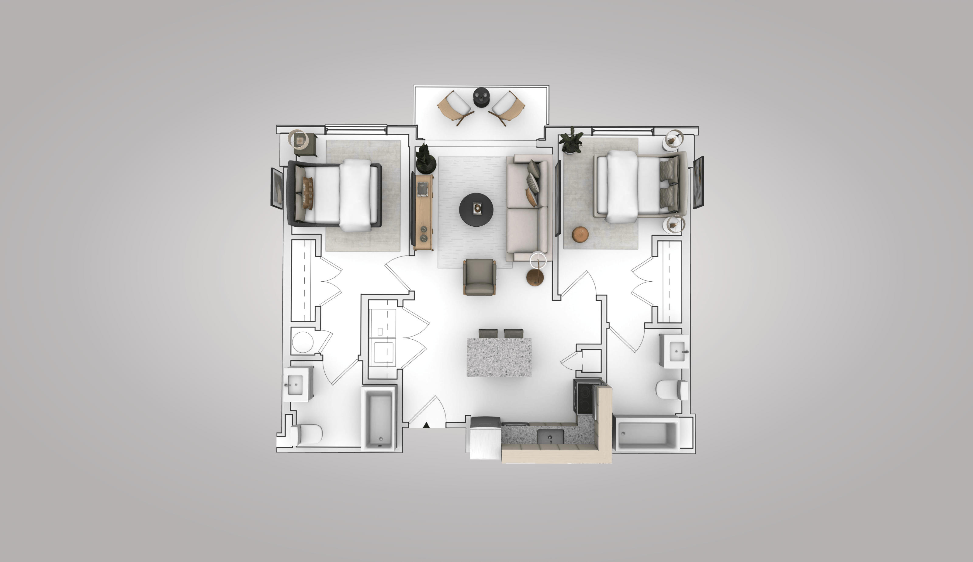 Floor plan for 2 beds, 2 baths, 800 sqft